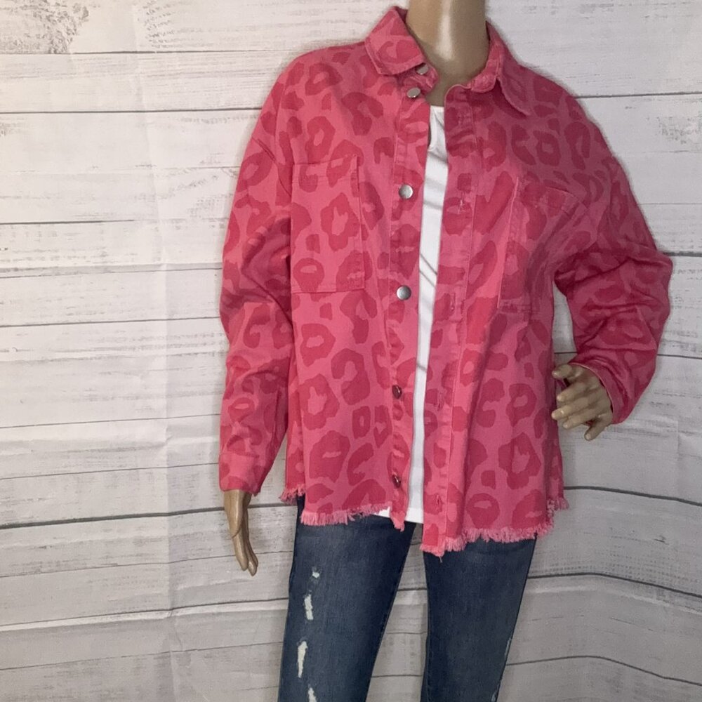 NWOT Pink Leopard Print Button Cuffs Raw Hem Jacket - Picture 4 of 8
